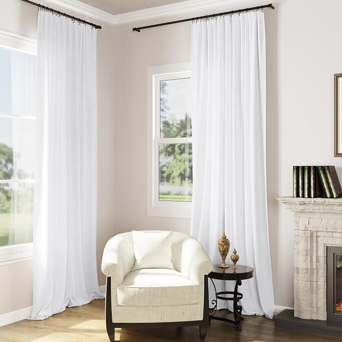 White Linen Curtains 90 Inch Length for Living Room Bedroom 2 Panels Set Rod Pocket Light Filtering Semi Sheer Window Curtains 52 Inch Width Boho Farmhouse Linen Drapes, W52xL90