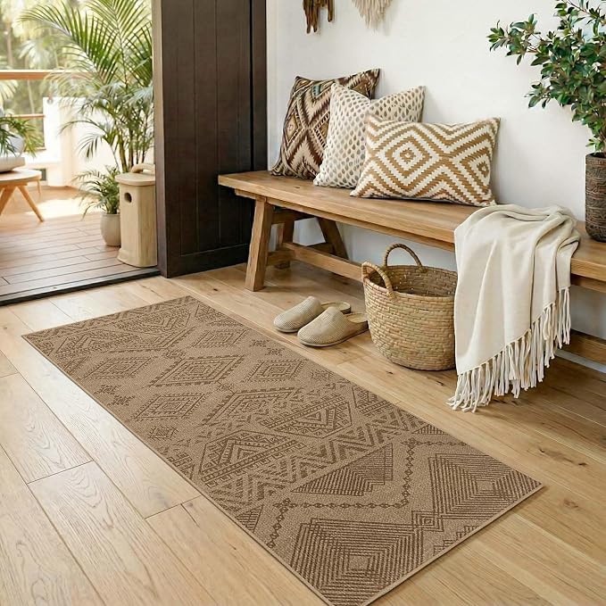 jinchan 2x5 Faux Jute Runner Rug Washable Boho Hallway Rug, Natural Taupe | Southwestern Geometric, Non-Slip Low Pile, Indoor Outdoor, High-Traffic, Kitchen, Bathroom, Laundry, Porch, Balcony, Entryway