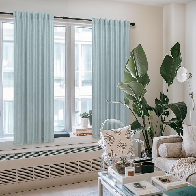 Seafoam Curtains 63 Inch Length for Kids Room 2 Panels Set Back Tab Pocket Casual Woven Textured Semi Sheer Linen Grey Green Curtains for Bedroom Boys Coastal Beach Mint Teal Aqua Sea Foam 52x63 Long