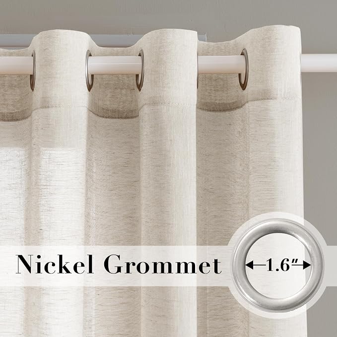 H.VERSAILTEX Linen Curtains Flax Linen Blended Curtain Panels for Living Room/Bedroom Semi Sheer Privacy Curtains 63 inch Length 2 Panels Set Nickel Grommet Window Drapes, Natural