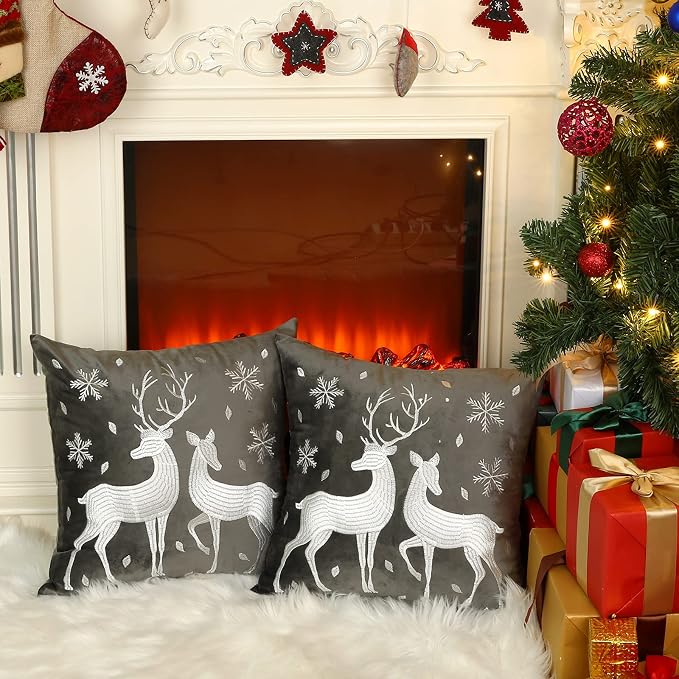 Lewondr Christmas Throw Pillow Cover with Deer Snowflake, 18"x18", 2 Pack | Gray, Soft Velvet, Embroidery Decorative, Luxurious Sofa Cushion Cover, Home Christmas Decoration