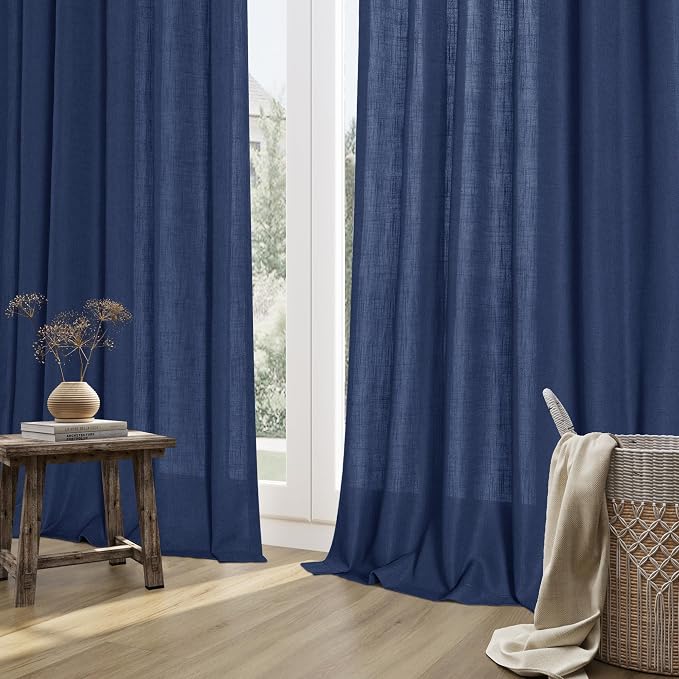 Denim Blue Linen Curtains 96 Inches Long 2 Panel Set Rod Pocket Semi Sheer Dining Room Cozy Bedroom Decor Cotton Look Country Rustic Farmhouse Boho Curtains 52x96