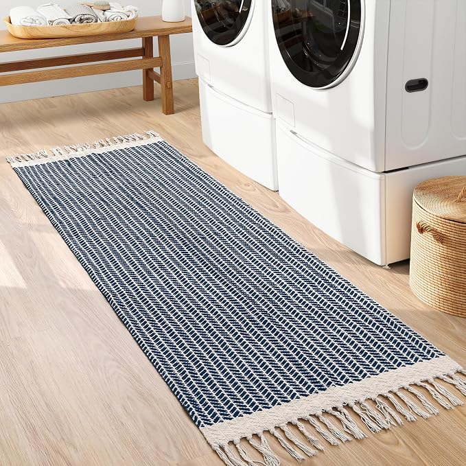 Lahome Boho Bathroom Runner Rug, 2x6 Washable Rugs for Kitchen Hallway | Woven Cotton Laundry Room Throw Carpet with Tassels, Farmhouse Decor Blue Non Shedding Lightweight Mat for Entryway Bath