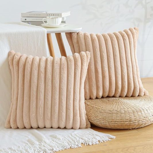 Soleebee Set of 2 Throw Pillow Covers Soft Cozy Velvet Pillowcase Faux Rabbit Fur Cover for Couch Sofa Bed Chair Home Decorative Pillows Cover (18x18 Inch, Camel)
