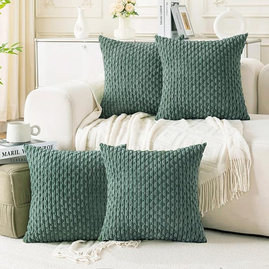 Set of 4 Teal Green Decorative Throw Pillow Covers 16x16 Inch Corduroy Pillow Covers for Bed Couch Sofa Living Room Soft Square Cushion Cases