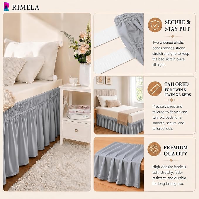 College Dorm Bed Skirt Twin XL 42" Drop, Slit Corner Bedskirt, Ice Grey | Solid ruffled, Wrap-around/elastic, Wrinkle & Fade resistant, with Adhesive Strips, Gift Packed, Machine Wash/Tumble Dry/Iron