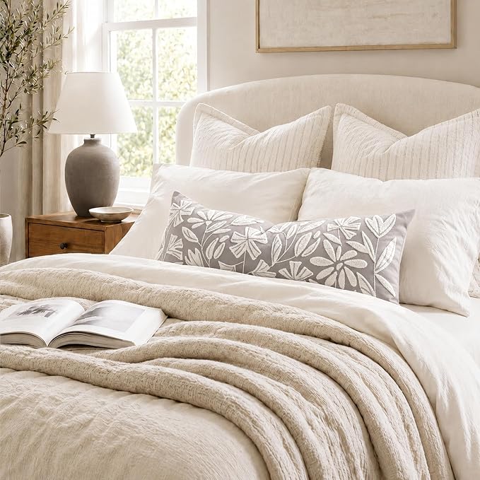 BlissBlush Long Lumbar Pillow Cover 14x36 for Bed, Light Gray Floral Tufted Velvet Accent Oversize Throw Pillowcase for Bedroom, Cover Only
