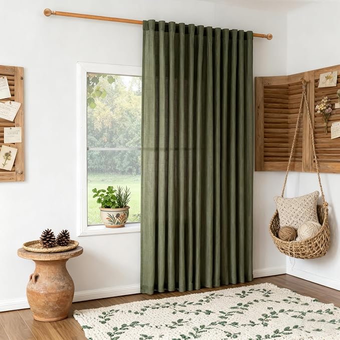 MYSKY HOME Curtains for Living Room 84 Inches Long Semi Sheer Light Filtering Privacy Drapes Linen Look Textured Boho Home Decor, Backdrop Curtain for Parties, 100" x 84", Olive Green, 1 Panel