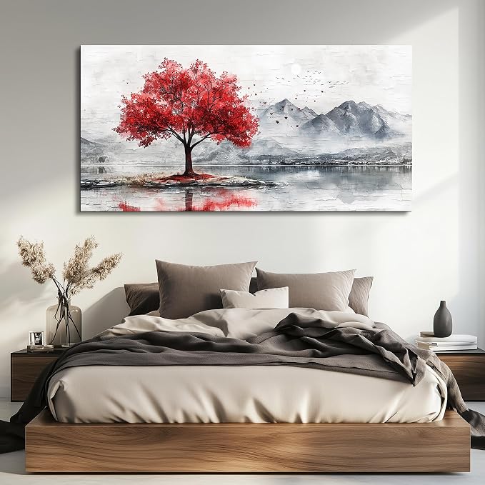 QIYILEXWART Canvas Wall Art For Living Room Large Wall Decor For Office Bedroom Decorations Red Tree Landscape Pictures Farmhouse Painting Artwork Room Wall Mural Aesthetic Home Decor 30x60 In