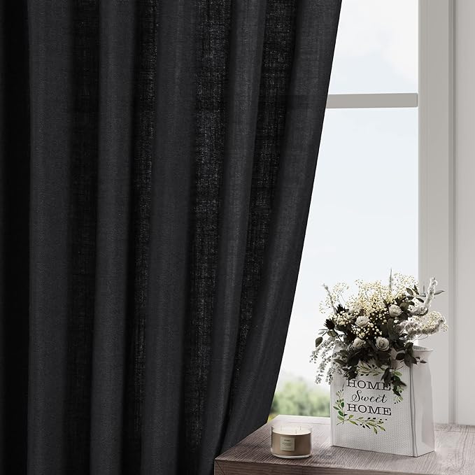 Long Black Curtain 105 inches Long 2 Panels Set for Living Room Back Tab Modern Farmhouse Muslin Look Decor Cotton Textured Black Sheer Linen Curtains 105 inch Length for Large Window
