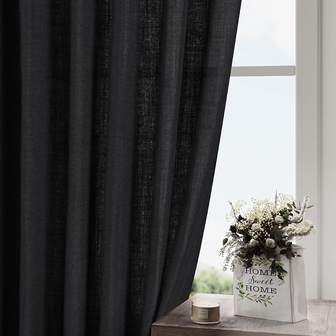 Black Boho Curtains for Bedroom Back Tab Rod Pocket Semi Sheer Linen Curtains 90 Inches Long 2 Panel Set Light Filtering Neutral Farmhouse Lightweight Drapes for Living Room 40x90 Inches