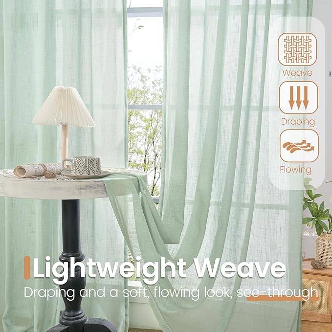 BGment Light Green Linen Curtains 40 Inches Long - Sheer Kitchen Drapes Textured for Short Window with Rod Pocket Lightweight, 2 Panels Set, 42 X 40 Inch