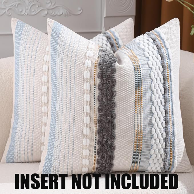 Boho Throw Pillow Covers 18x18 Set of 2 Grey Blue White