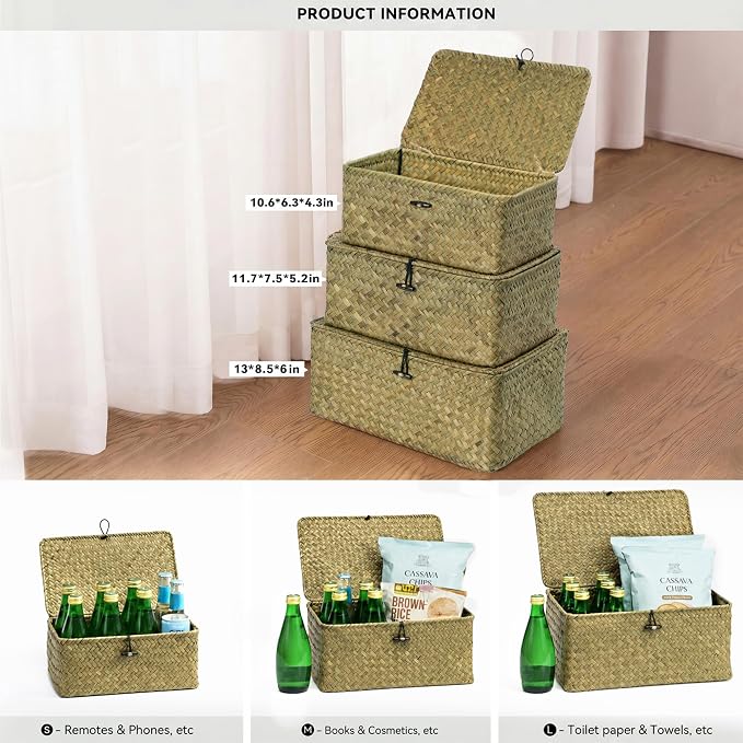Nonam Seagrass Storage Basket with Lid, Set of 3, Dark Moss Green | Wicker Basket Container for Organizing, Boho Decorative Basket, Rectangular Household Storage Boxes for Home Organization