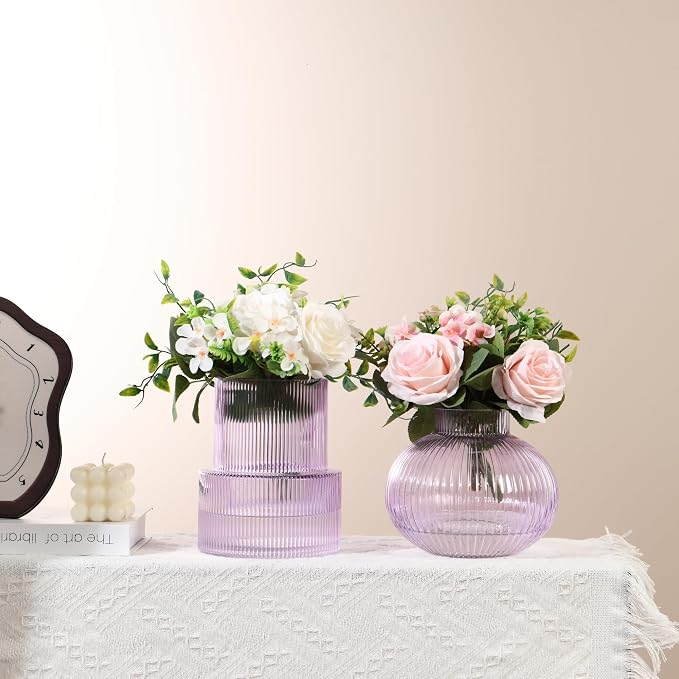 Ribbed Glass Vases, Set of 2 Fluted Vases for Flowers, Purple Glass Vase for Tulips, Modern Vase for Living Room, Kitchen, Office, Entryway, Mantle, Bookshelf, Wedding Gifts, Birthday