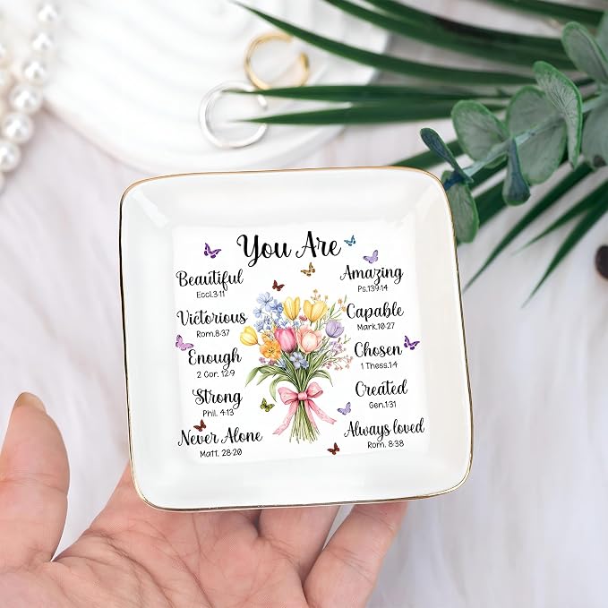 Christian Bible Verse Jewelry Dish, 4" Ceramic Jewelry Tray, Christian GiftS for Women, Birthday, Catholic Gifts for Mom/Grandma, Confirmation Gifts for Daughter