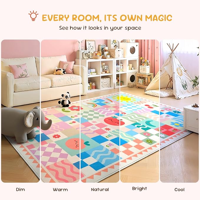 Washable Pink Area Rugs for Bedroom Girls, 4x6 Soft Checkered Playroom Carpet with Cute Sun & Rainbow Fruit Design, Non-Slip Decorative Floor Mat