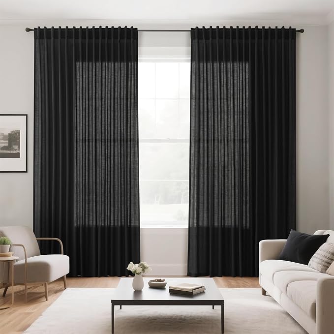 Extra Wide 100 Inch Linen Curtains for Living Room Divider Light Filtering Semi Sheer Back Tab Patio Curtains for Sliding Door Black Coastal Decor Sunroom Floor to Ceiling Window Curtain 100x84