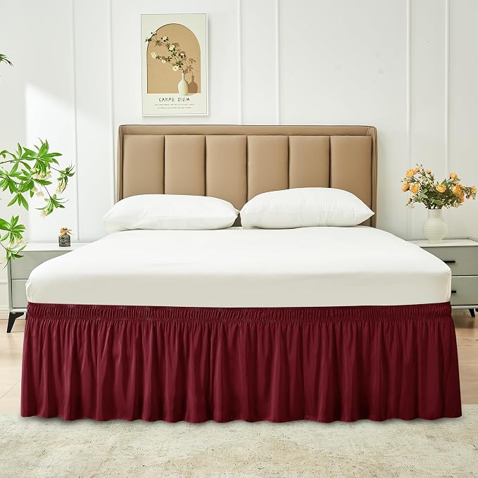Wrap Around Queen Size Bed Skirt 18 Inch Drop-Elastic Dust Ruffle Burgundy | Adjustable Pleated Bedskirt-Easy Fit Wrinkle Resistant Washable Hotel Quality Fabric Bed Skirting-Master Guest Bedroom Rental