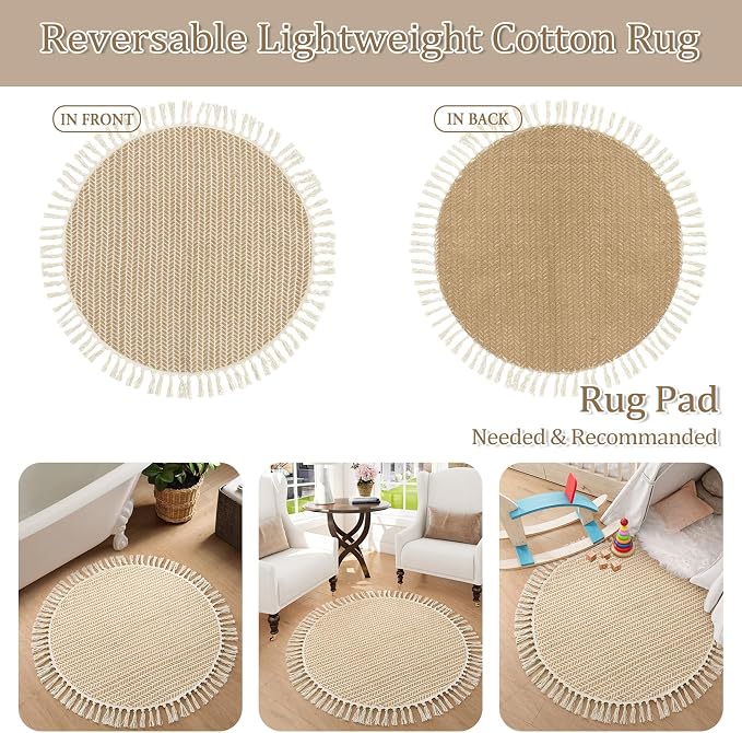 Lahome Boho Round Rug 3ft, Small Circle Washable Rugs for Entryway Kitchen | Indoor Door Bath Mat Woven Cotton with Tassels, Farmhouse Decor Area Rug Non Shedding Carpet for Bedroom Entry Dorm, Khaki