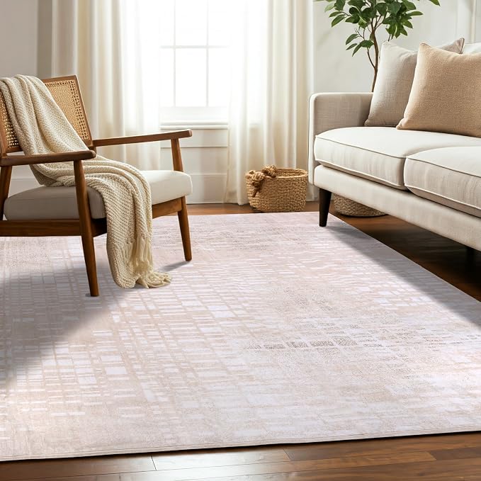 Machine Washable Area Rug, Soft & Durable, Non-Slip, Stain Resistant Rug for Bedroom, Living Room, Dining Room, High Traffic Areas. (Beige, 5' X 7')