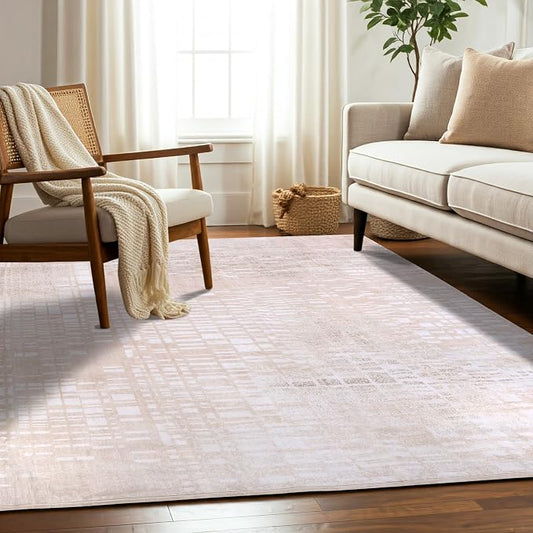 Machine Washable Area Rug, Soft & Durable, Non-Slip, Stain Resistant Rug for Bedroom, Living Room, Dining Room, High Traffic Areas. (Beige, 5' X 7')