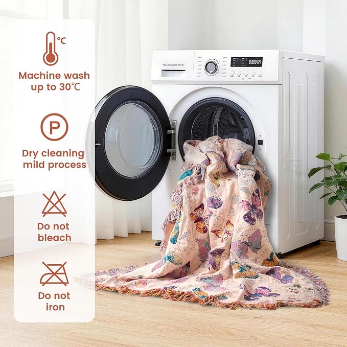 MSGKV Boho Throw Cotton Butterfly Blanket 50"x60" for Couch Sofa Decor | Muslin Cotton Throw, Butterfly Pattern, Chair Throw, Breathable Summer Blanket, Farmhouse Decor, Home Decor, Machine Washable