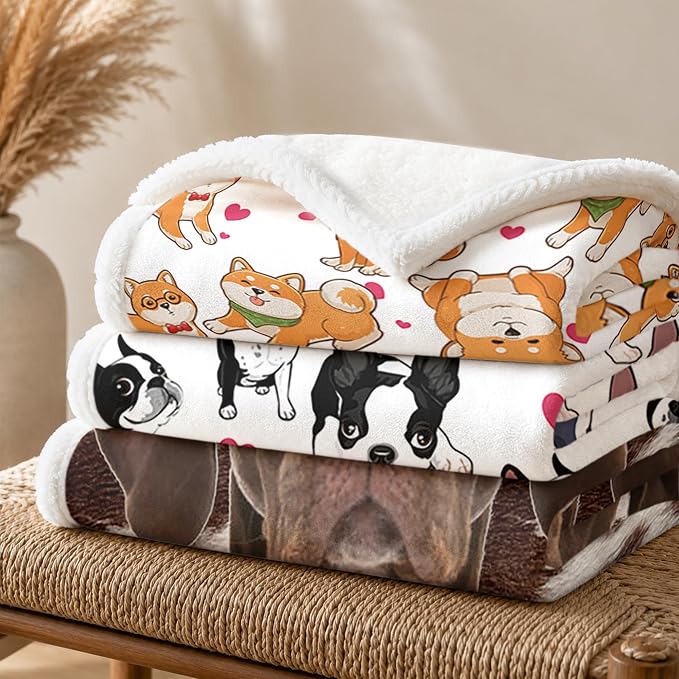 BlessLiving Throw Blanket, White Dog Pink Animal, 50x60 in | sherpa fleece fabric, Shiba Dense Pet Blankets Kawaii Puppy print, for couch or sofa, pet lovers, easy machine care