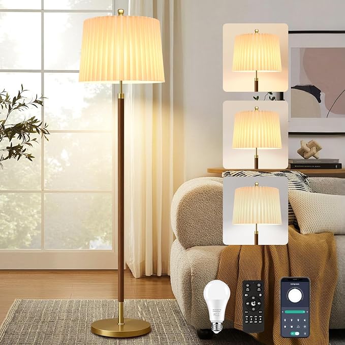 AHDWDW Gold Floor Lamp for Living Room,Mid-Century Modern Floor Lamps with Remote,Farmhouse Boho Floor Light with Dual Fabric Shade,Dimmable Standing Tall Lamp for Bedroom Corner Reading Office