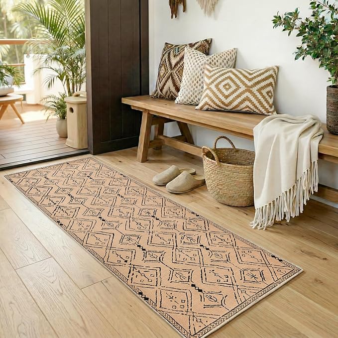 jinchan 2x6 Faux Jute Runner Rug Washable Moroccan Hallway Rug, Warm Taupe | Neutral Boho Geometric, Non-Slip Low Pile, Indoor Outdoor, High-Traffic, Kitchen, Bathroom, Laundry, Porch, Balcony, Entryway