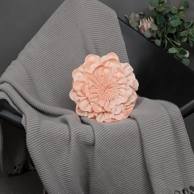 JWH 3D Flower Throw Pillow Cover Decorative Round Pillow Case Floral Cushion Velvet Pillowcase for Bed Sofa Couch Car Decor 14x14 Inches Peach Pink