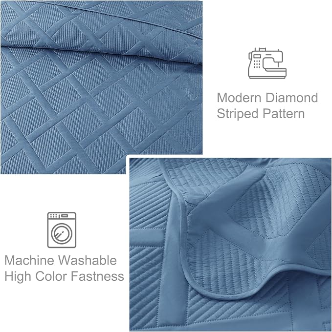 Exclusivo Mezcla Quilt King Size, Grayish Blue | Soft Bedspreads with 2 Pillow Shams, Modern Striped Pattern, Lightweight Bedding Set Coverlets for All Seasons, 104x96 Inch