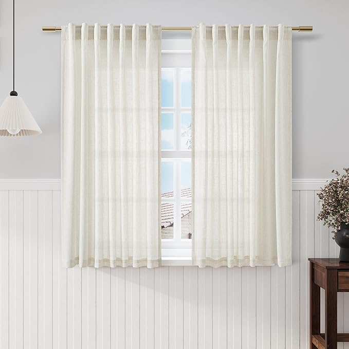 Cream Linen Back Tab Rod Pocket Curtains 56 Inch Length for Living Room 2 Panels Set Neutral Modern Farmhouse Window Curtain Semi Sheer Light Filtering Privacy Drapes for Bedroom Natural Ivory 52x56