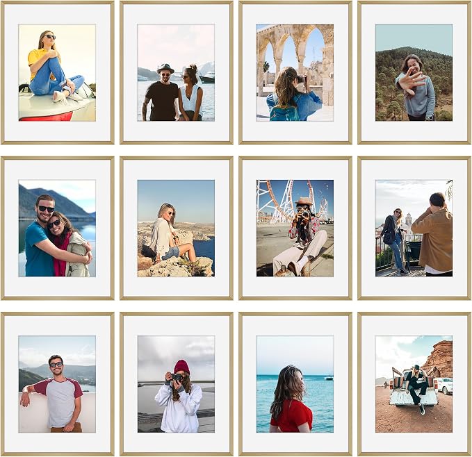 Frametory 12 Pack 12x16 Aluminum Frame with Mat for 8.5x11 Photo, Gold