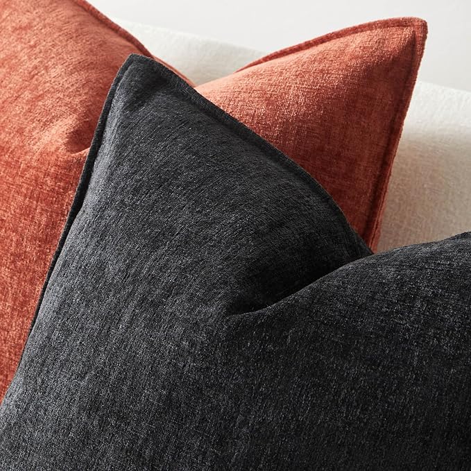 JUSPURBET 24x24 Chenille Decorative Throw Pillow Covers Set of 2,Black | ﻿Cozy Soft Cushion Cover Case with Hidden Zipper for Couch Sofa Bed Living Room Home Decor Halloween