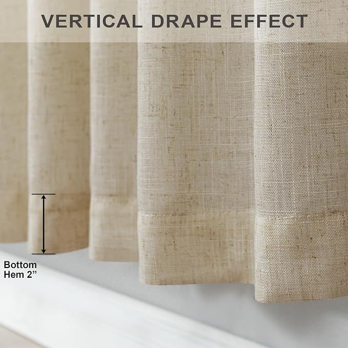 90 Inch Linen Curtains 2 Panels for Living Room Flax Burlap Linen Drapes Light Filtering Dark Taupe Drape 90 Inch Long Semi Sheer Textured Curtain for Dining Bedroom Office Burlywood Birch Back Tab
