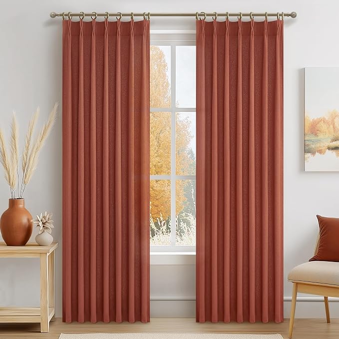 Burnt Orange Flax Linen Sheer Curtains 84 Inches Long for Living Room, Country Cottage Core Pinch Pleated Light Filtering Semi Through Drapes 84 Inch Length 2 Panels for Dining Room Fall Window Burg