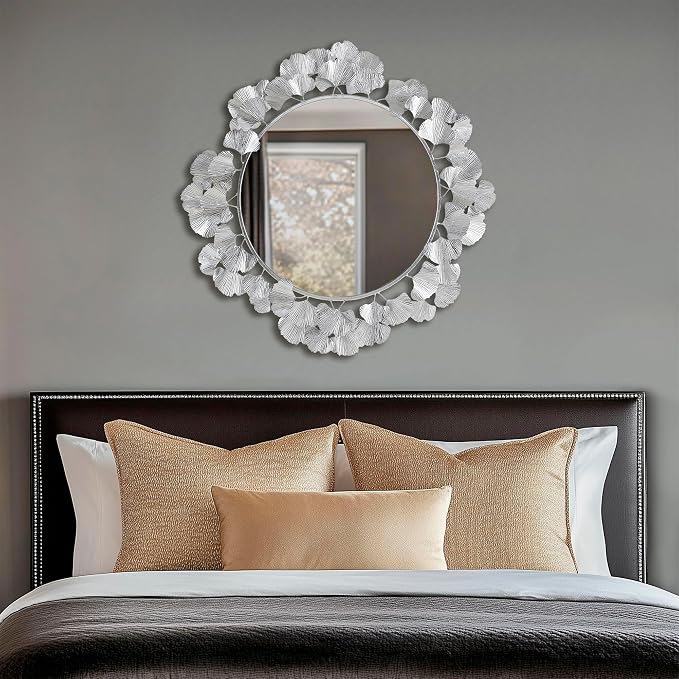 Martha Stewart Wall Décor Large Gingko Leaf Round Wall Mirror for Living Room, Iron Metal Plate Frame Antique Finish, Ready to Hang Bedroom Decoration, Eden, 30.5", Silver