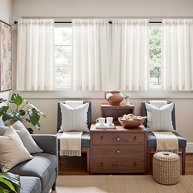 Linen Kitchen Curtains Tier 24 Inch Long for Cafe Rod Pocket Natural Cream Semi Sheer Curtain 2 Panel Light Filtering Half Window Drapes for Bathroom Basement Camper RV Beige Ivory 30x24