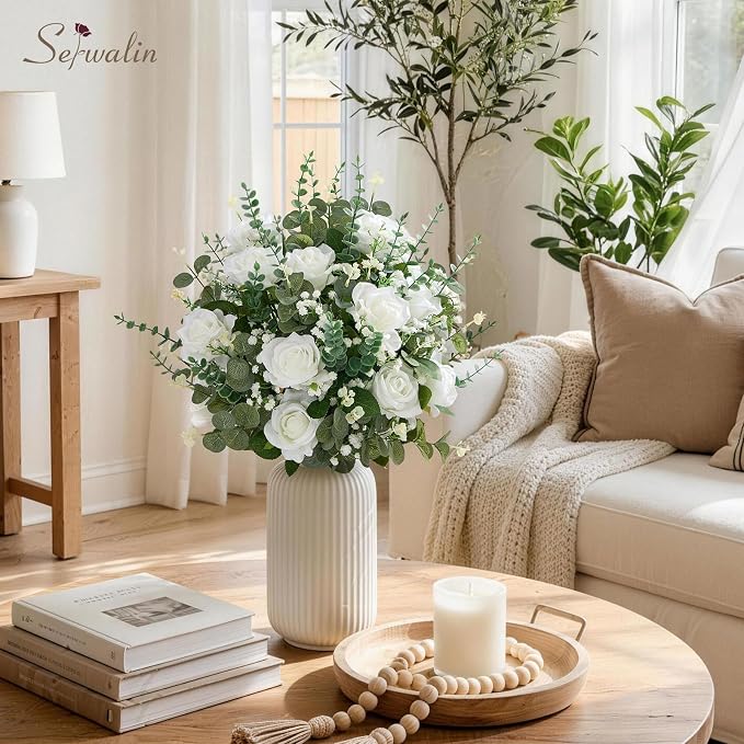 Serwalin 240 Pcs Mixed Eucalyptus Greenery Stems, White Roses, Babys Breath | Greenery for Centerpieces, Faux Eucalyptus Stems for DIY Wedding Bouquets, Floral Arrangement, Vase and Home Decor