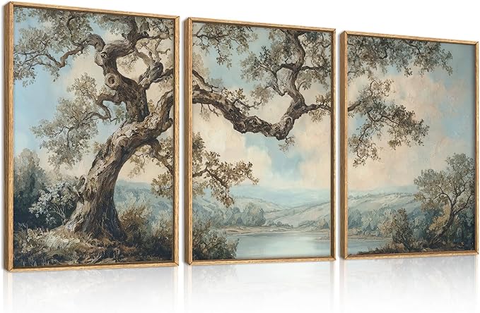 BINCUE Framed Vintage Tree Wall Art Set Neutral Landscape Wall Decor 16x24 | Mountains Lake Artwork,Rustic Forest Paintings,Botanical Wall Pictures,Abstract Tree Prints for Living Room Bedroom Office