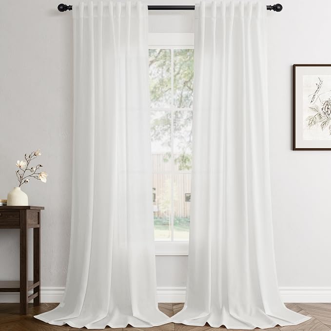 Jowels Off White Linen Curtains 90 Inch Long 2 Panels for Living Room | Light Filtering Semi Sheer Curtain, Back Tab Pocket Pleated Look, Boho Farmhouse Textured Privacy Drapes for Bedroom Window