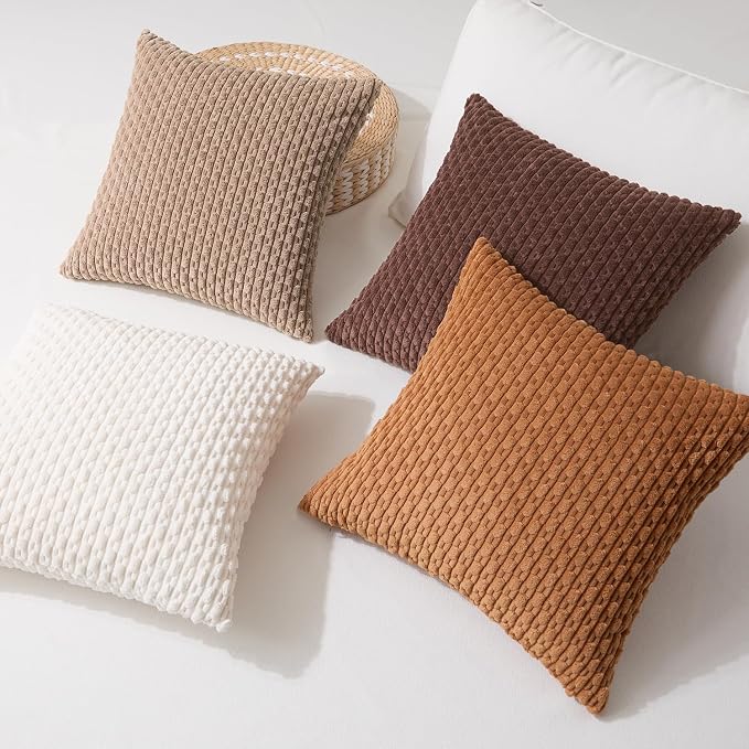 Kevin Textile Decorative Pillow Covers 18x18 Inch Set of 4 Soft Boho Corduroy Throw Pillow Cases Mix and Match Colors Plush Texture Throw Pillows for Sofa Couch Bedroom Home Decor Neutral Brown