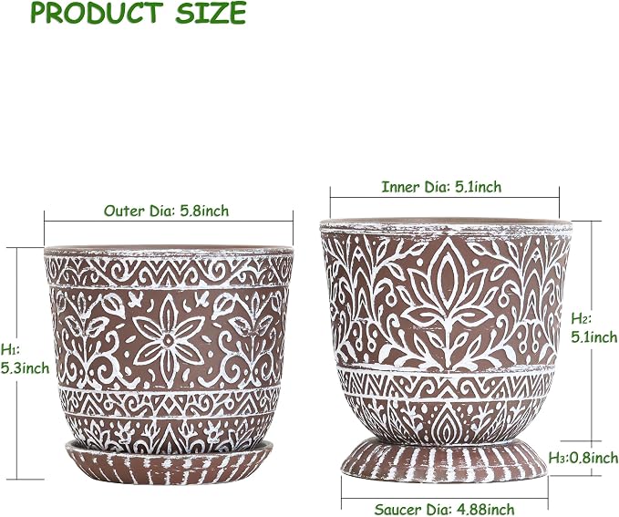 Gepege Ceramic Plant Pots, 6 Inch Indoor Planters with Drainage & Saucers | Ceramic pots for plants with drainage holes, ceramic saucers and mesh pads, ideal for flowers, herbs and succulents, set of 2