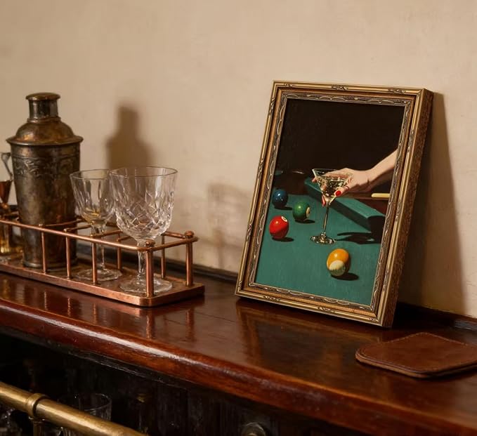 Vintage Gold Framed Bar Wall Art, Retro Dive Bar Martini Pool Oil Painting Canvas Print, Trendy Billiards Cocktail Picture, Lucky 8 Ball Poster Artwork for Tavern Kitchen Dining Room