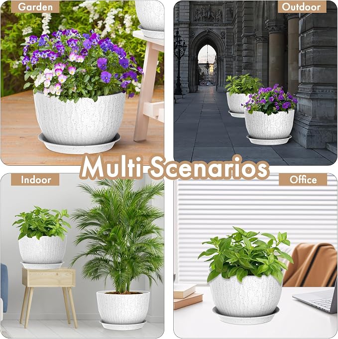 WSMKSZ 12 Inch Wide Water Ripples Flower Pots for Indoor or Outdoor Plants, Large Plant Pots with Drainage Holes & Saucer, Plastic Planters Set for Garden & Home Decor (White with Black Speckles)