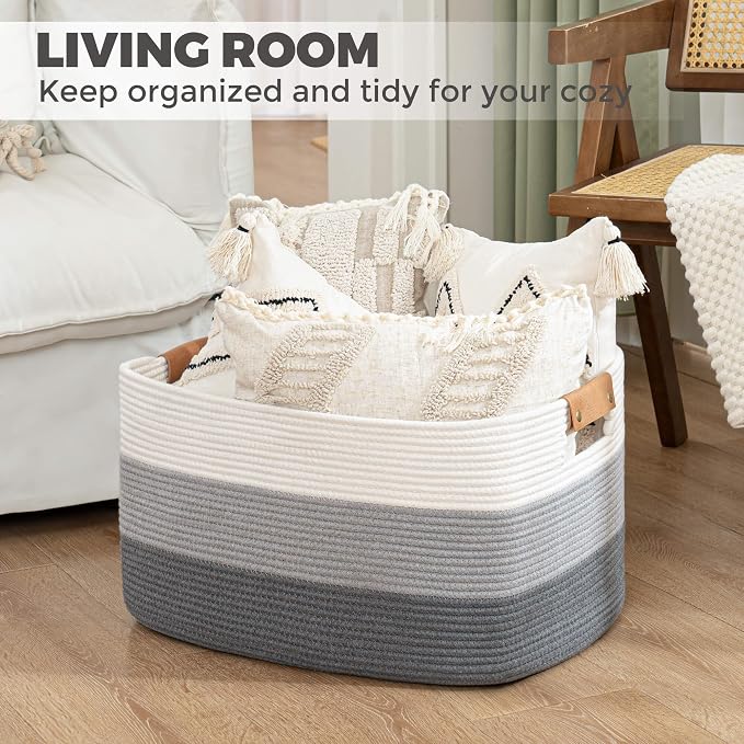 danpinera Blanket Basket, 72L Rectangle Large Basket for Living Room, Baby Room & Laundry, Woven Cotton Rope Toy Bin Baby Nursery Room Storage, 22’’*17’’*11.8’’, Gradient Grey