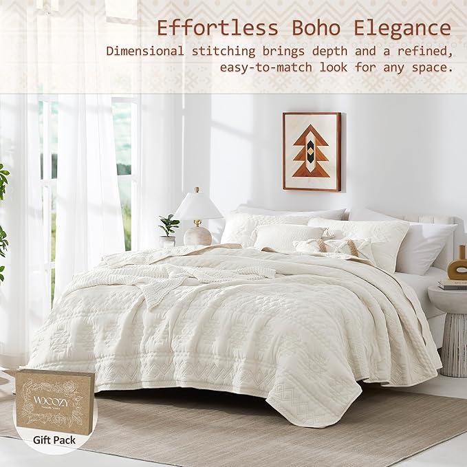 WDCOZY Boho Ivory Quilts Queen Size Bedding Sets with 2 Pillow Shams, Cream White Farmhouse Lightweight Soft Bedspread Coverlet for All Season, 3 Pieces, 90x90 inches