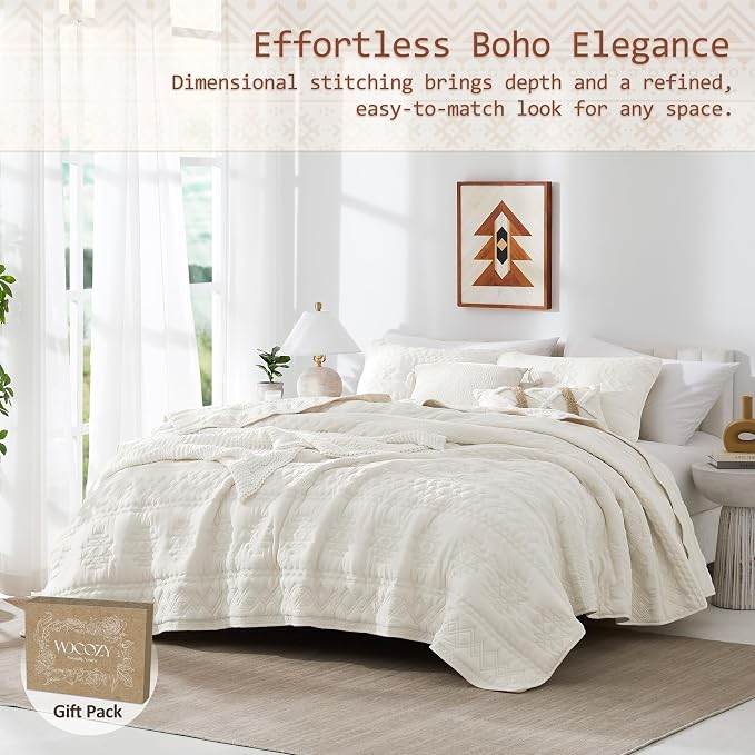 WDCOZY Boho Ivory Quilt King Size Bedding Sets with 2 Pillow Shams, Cream White Farmhouse Lightweight Soft Bedspread Coverlet for All Season, 3 Pieces, 104x90 inches