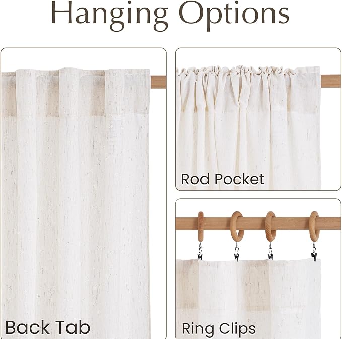 NICETOWN Linen Semi Sheer 108 inch Curtains for Living Room, Rod Pocket & Back Tab Thick Flax Linen Weave Drapes Privacy Added with Light Filtering for Bedroom, Cream, W55 x L108, 2 Panels